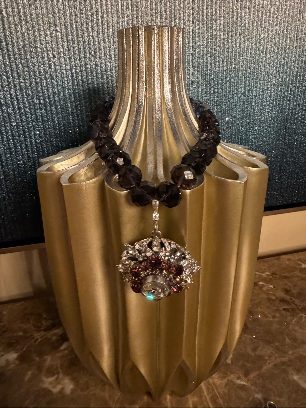 Rockstar in Rome Crystal Bead Statement Necklace with Gem Pendant - Deep Purple